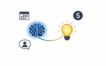 Conceptual illustration of AI for business, showing a brain icon connected to a lightbulb, representing intelligence and new ideas for SMEs
