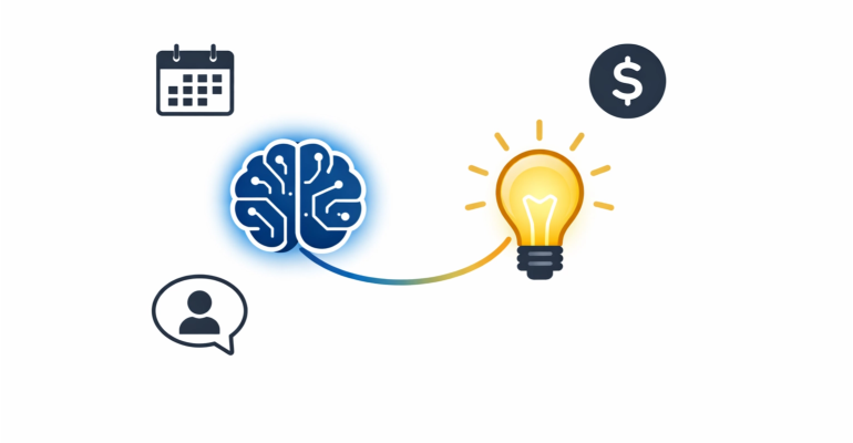 Conceptual illustration of AI for business, showing a brain icon connected to a lightbulb, representing intelligence and new ideas for SMEs