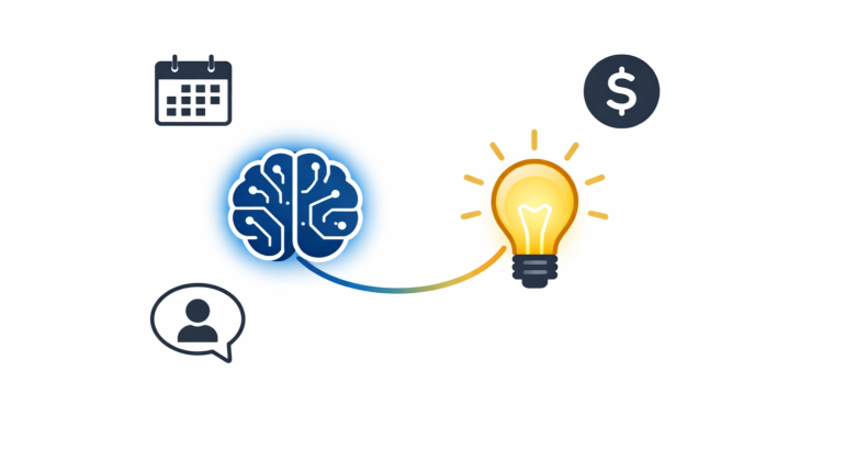 Conceptual illustration of AI for business, showing a brain icon connected to a lightbulb, representing intelligence and new ideas for SMEs