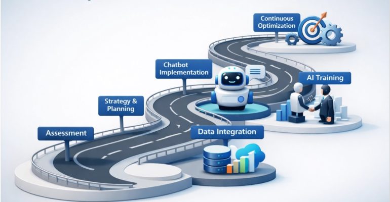 3D roadmap visualization detailing steps to automate customer service with AI, including assessment, planning, chatbot implementation, data integration, AI training, and continuous optimization.
