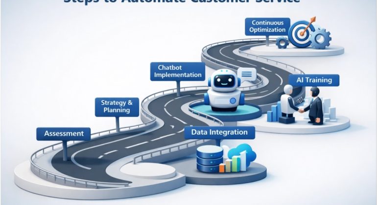 3D roadmap visualization detailing steps to automate customer service with AI, including assessment, planning, chatbot implementation, data integration, AI training, and continuous optimization.