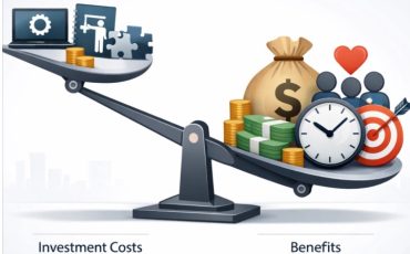 Professional dashboard displaying key business metrics like cost savings, revenue growth, and efficiency gains, with a prominent ROI percentage, illustrating the financial impact of AI automation.