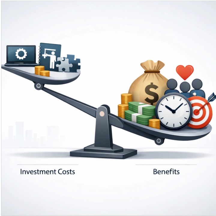 Professional dashboard displaying key business metrics like cost savings, revenue growth, and efficiency gains, with a prominent ROI percentage, illustrating the financial impact of AI automation.