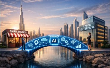 Conceptual image showing a small business and a large enterprise connected by a digital bridge powered by AI icons, symbolizing how AI levels the playing field for SMEs in the Gulf.