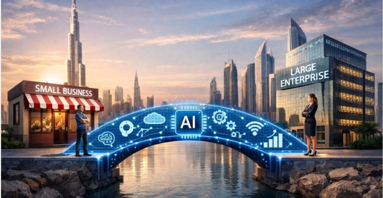 Conceptual image showing a small business and a large enterprise connected by a digital bridge powered by AI icons, symbolizing how AI levels the playing field for SMEs in the Gulf.