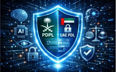 Digital shield protecting personal data, featuring KSA PDPL and UAE PDP Law icons, surrounded by AI elements, symbolizing secure and compliant AI implementation in the Middle East.