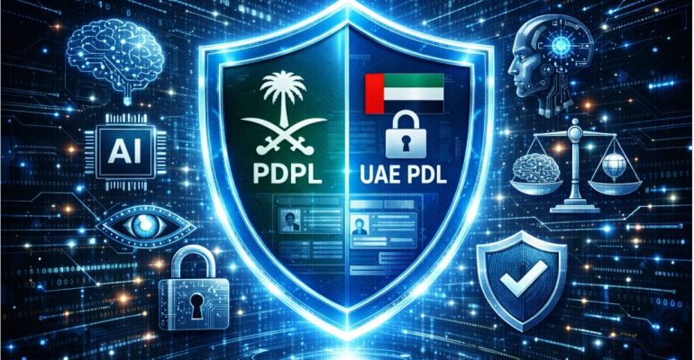 Digital shield protecting personal data, featuring KSA PDPL and UAE PDP Law icons, surrounded by AI elements, symbolizing secure and compliant AI implementation in the Middle East.