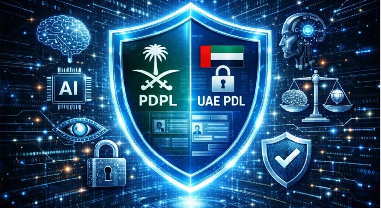 Digital shield protecting personal data, featuring KSA PDPL and UAE PDP Law icons, surrounded by AI elements, symbolizing secure and compliant AI implementation in the Middle East.