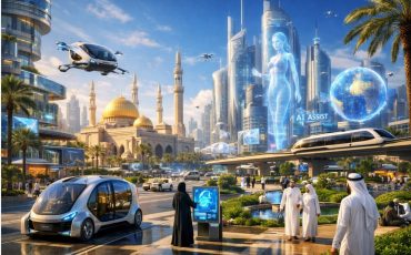 Futuristic vision of a Middle Eastern city in 2026, showcasing seamless integration of AI in daily life with autonomous transport, smart buildings, and holographic displays.