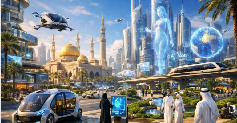 Futuristic vision of a Middle Eastern city in 2026, showcasing seamless integration of AI in daily life with autonomous transport, smart buildings, and holographic displays.