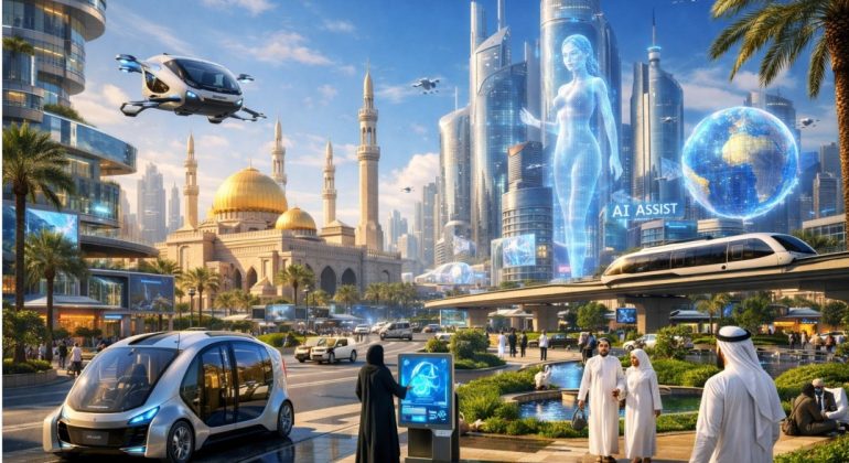 Futuristic vision of a Middle Eastern city in 2026, showcasing seamless integration of AI in daily life with autonomous transport, smart buildings, and holographic displays.